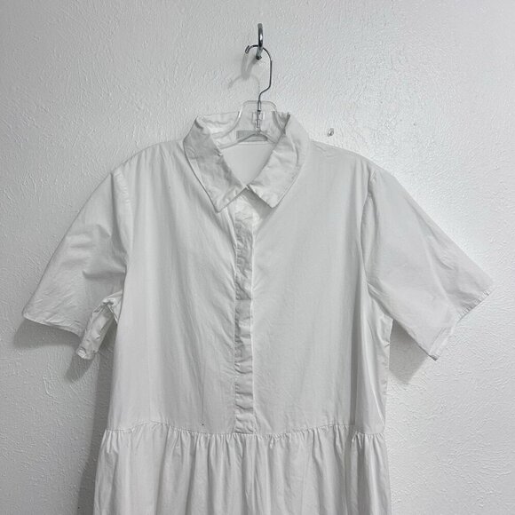 Q2 White Tiered Dress Button Front 100% Cotton Size M Short Sleeve Lightweight - Picture 2 of 9